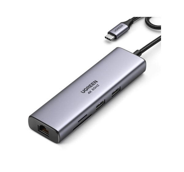 Ugreen CM512 90568 USB-C Adapter - 2x USB-A 3.0 / HDMI / RJ45 / SD and TF Card Reader / USB-C PD 100W - Gray