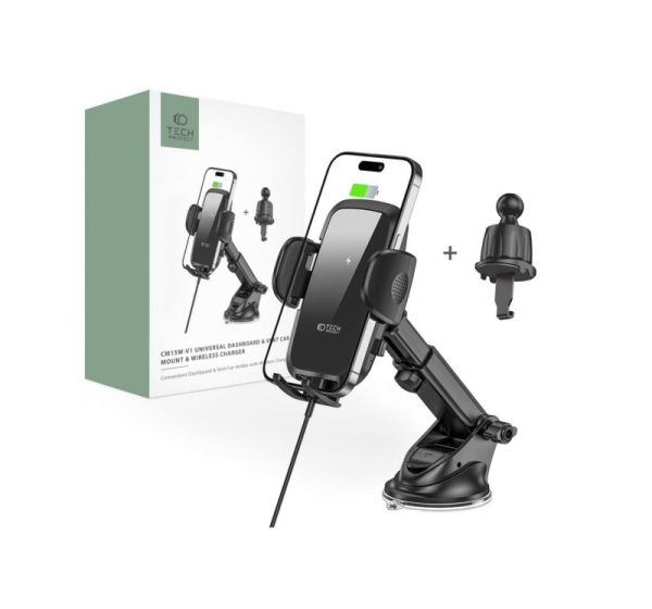 Tech-Protect Universal Tech-Protect CM15W-V1 Car Phone Holder with 15W Inductive Charger for Cockpit/Air Vent - Black Black