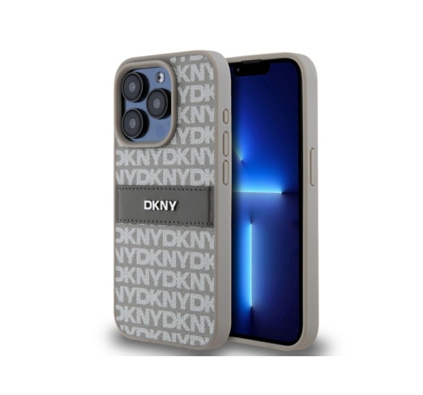 DKNY - DKNY PU Leather Repeat Pattern Tonal Stripe Case for iPhone 15 Pro Beige