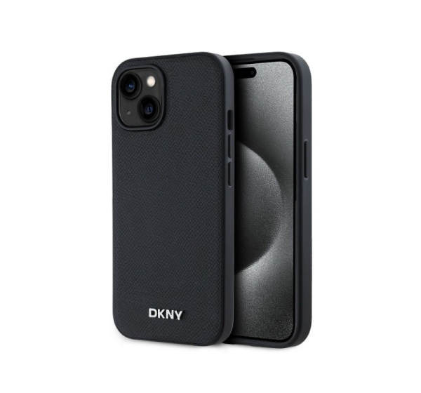 DKNY - DKNY PU Leather Silver Metal Logo Magsafe Case for iPhone 15 Black