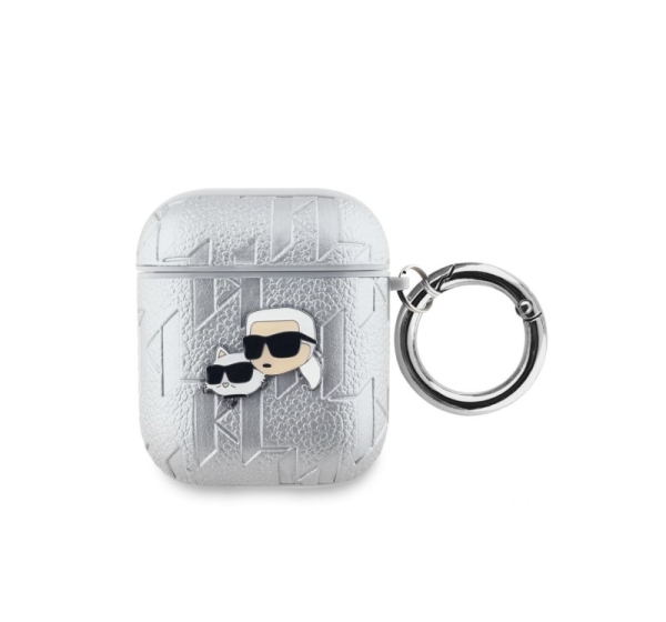 Karl Lagerfeld - Karl Lagerfeld PU Embossed Karl and Choupette Heads Case for AirPods 1/2 Silver