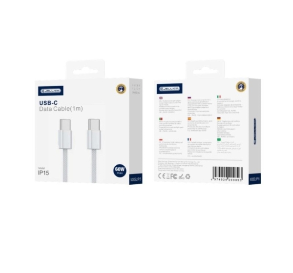 Jellico   IP15 Woven Cotton iPhone 15 / 16 USB-C to USB-C Data & Fast PD 60W Charger Cable 1m White