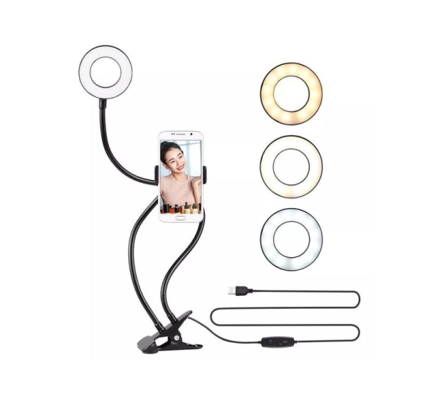 Elight TF Desk Clip Live Stream Selfie 11cm Ring LED Light Flash flexi 30cm tube Phone Holder Black