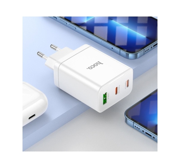 Hoco   Phone charger Hoco 2 x USB C + USB A QC3.0 PD 3A 35W + cable USB C to Lightning N33 white