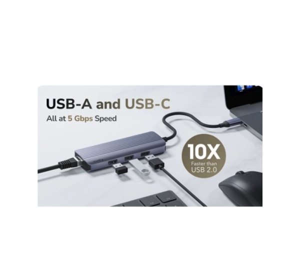 Cudy   UH606 PortMate USB-C 6-in-1 Hub 4K 60Hz HDMI Gigabit LAN 3x USB-A Power Input Grey
