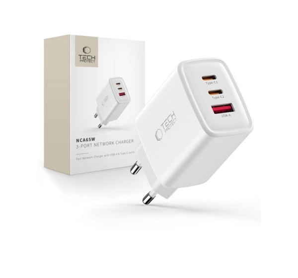 Tech-Protect Tech-Protect NCA65W-GAN 3-Port 65W Wall Charger - White