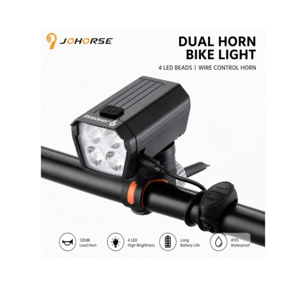 iLike JOHORSE USB Rechargeable Bike Headlight with 120dB Electric Horn, 300LM 4 LED Bicycle Front Light, 7 Lighting Modes, Handlebar Remote Switch, IPX4 Waterproof Black