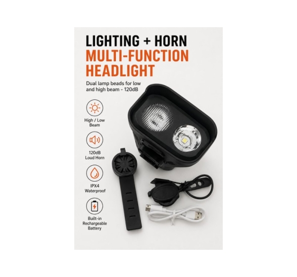 iLike JOHORSE Rechargeable Bike Light with 120dB Horn, USB Rechargeable LED Bicycle Headlight, High/Low Beam, IPX4 Waterproof, Front Cycling Light Black
