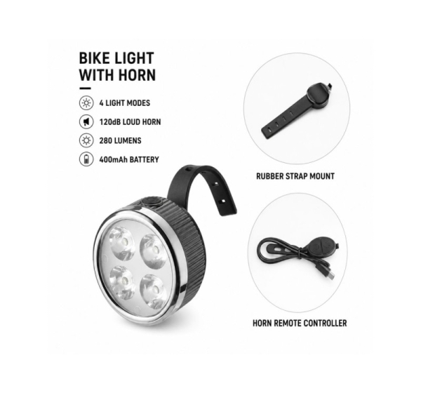 iLike   Rechargeable Bike Headlight with 120dB Horn, 280 Lumens, 4 Light Modes, USB Rechargeable, Wireless Remote Control