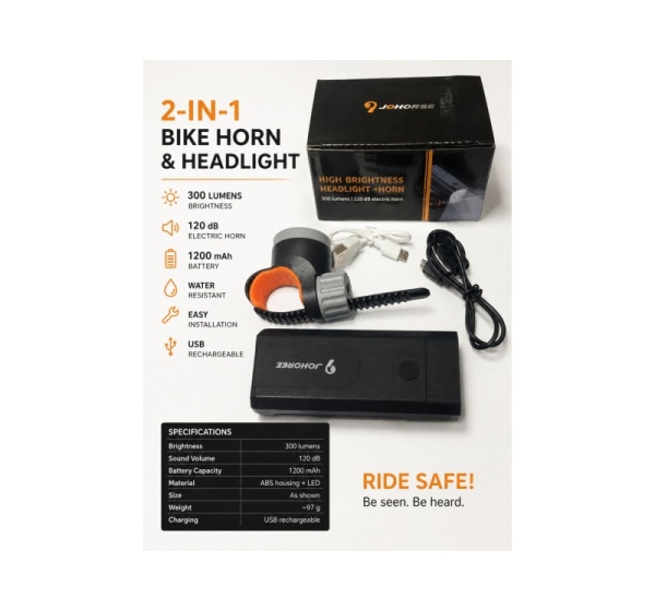 iLike JOHORSE Bike Headlight & Electric Horn – 300 Lumens, 120dB, USB Rechargeable