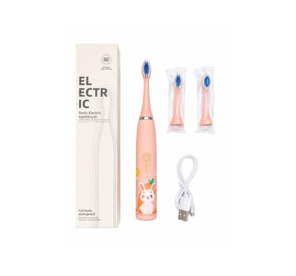 iLike   Kids Rechargeable Sonic Electric Toothbrush, USB Charging, 3 Brush Heads (1+2 Replacement Heads), Soft Bristles, Waterproof, Bunny Design, Pink Pink