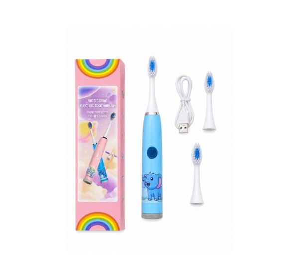 iLike Kids Rechargeable Sonic Electric Toothbrush, USB Charging, 3 Brush Heads (1+2 Replacement Heads), Soft Bristles, Waterproof, Blue Elephant Design Blue
