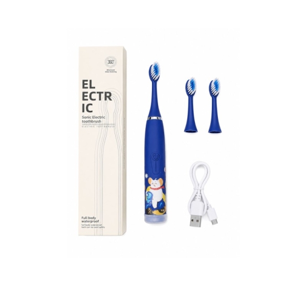 iLike   Kids Rechargeable Sonic Electric Toothbrush, USB Charging, 3 Brush Heads (1+2 Replacement Heads), Soft Bristles, Waterproof, Blue Bear Design Blue