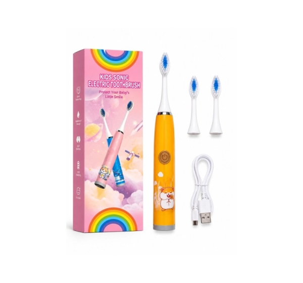 iLike Kids Rechargeable Sonic Electric Toothbrush, USB Charging, 3 Brush Heads (1+2 Replacement Heads), Soft Bristles, Waterproof, Cute Hamster Design Orange