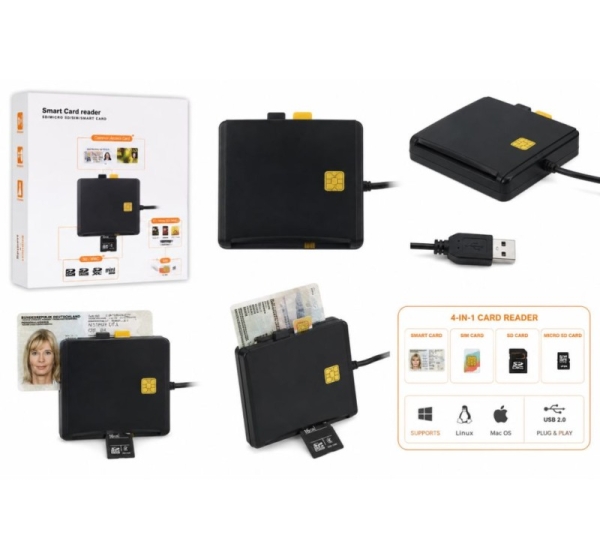 iLike 4-in-1 USB Smart Card Reader with SIM, SD & Micro SD Support, CAC Reader for ID Cards, Bank Cards, eID and Memory Cards Black