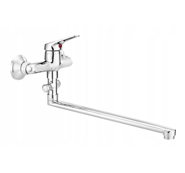Wall-mounted washbasin mixer with extended spout - hose connection