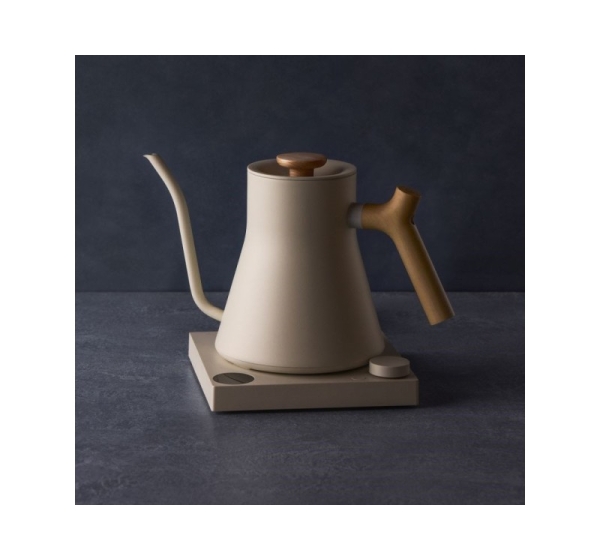 Fellow Stagg EKG PRO 900ml electric kettle in sesame beige with a wooden handle