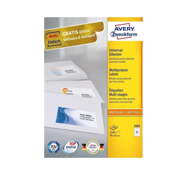 Avery 3481 self-adhesive label Rectangle Permanent White 2100 pc(s)