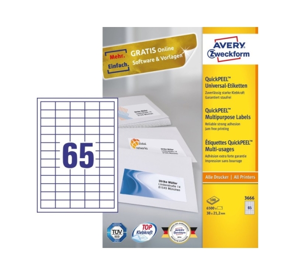 Avery 3666 self-adhesive label Rectangle Permanent White 6500 pc(s)