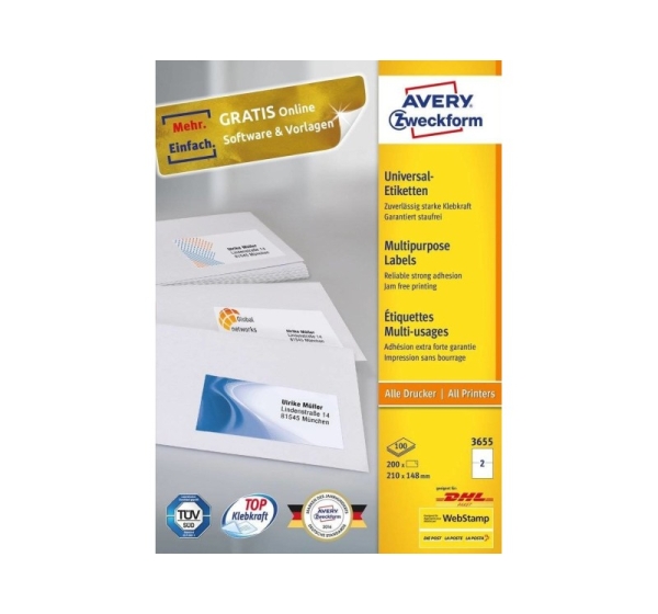 Avery 3655 self-adhesive label Rectangle Permanent White 200 pc(s)