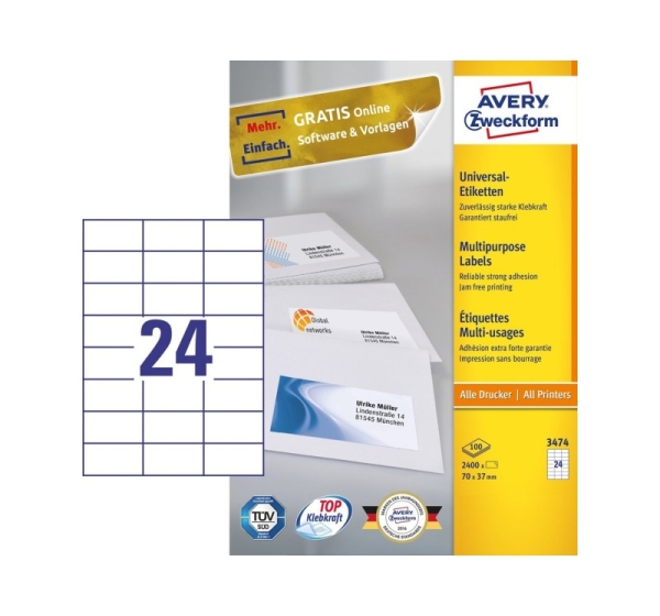 Avery 3474 self-adhesive label Rectangle Permanent White 2400 pc(s)