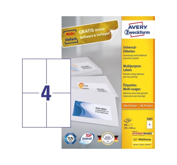 Avery 3483 self-adhesive label Rectangle Permanent White 400 pc(s)