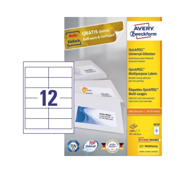 Avery 3659 self-adhesive label Rectangle Permanent White 1200 pc(s)