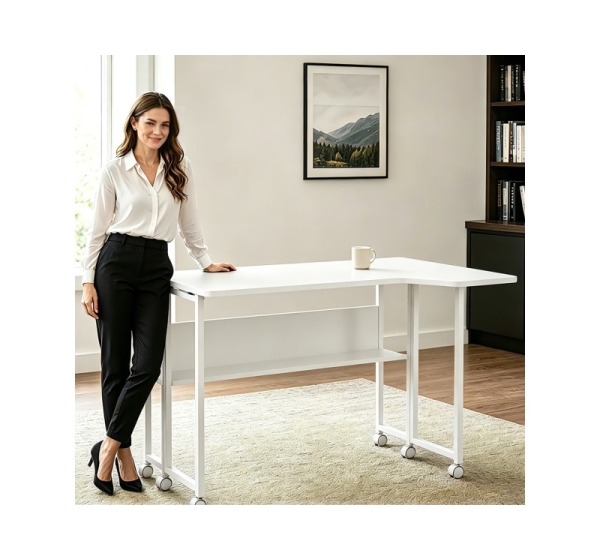 Maclean Folding Desk/Table, White, Mobile, 100x73 cm, max. 50 kg, Corner, L-Shaped, MC-126 L/W