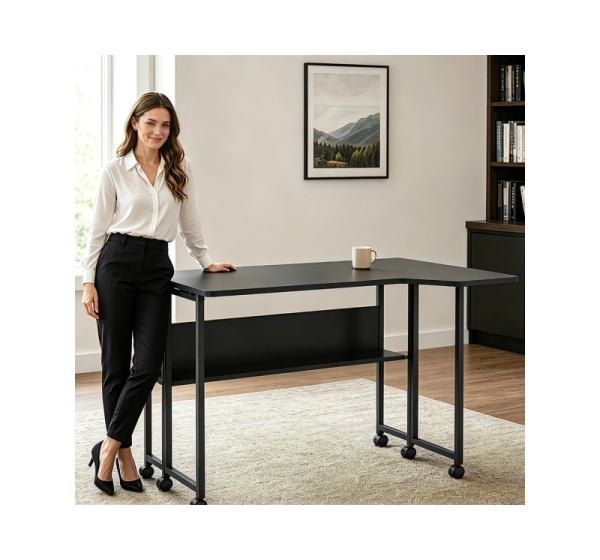 Maclean Folding Desk/Table, Black, Mobile, 100x73 cm, max. 50 kg, Angled, L-Shaped, MC-126 L/B