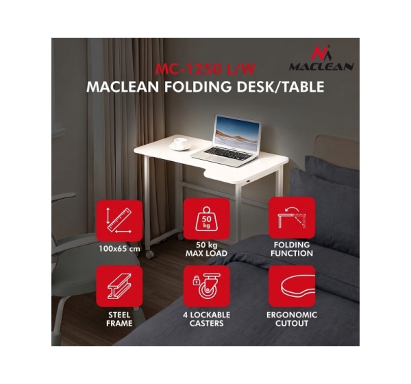 Maclean Folding Desk, White, Mobile, 100x65 cm, max. 50 kg, Corner, L-Shaped, MC-1250 L/W