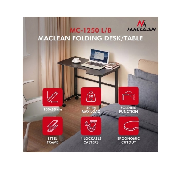 Maclean Folding Desk, Black, Mobile, 100x65 cm, max. 50 kg, Corner, L-Shaped, MC-1250 L/B