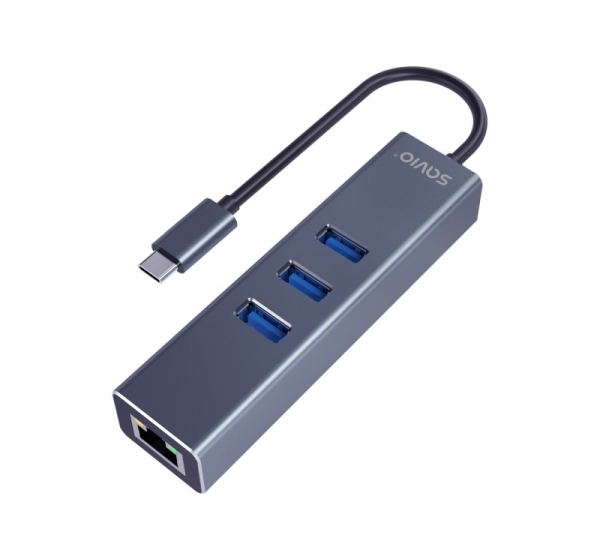 Savio AK-57 USB-C - 3 x USB-A HUB with RJ-45 Gigabit Ethernet adapter, 5000 Mbit/s, grey
