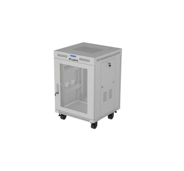 19" 15U 600 × 800 GREY FLOOR-STANDING RACK CABINET WITH PERFORATED DOOR AND LCD, LANBERG (FLAT PACK)