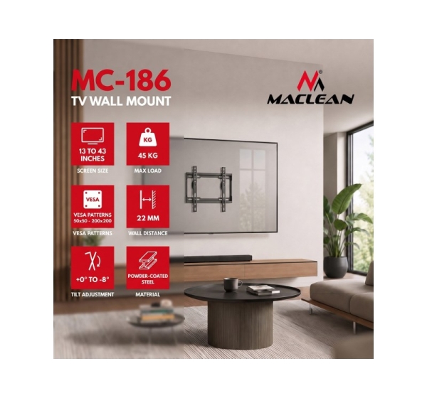 Maclean TV Mount / Bracket, max VESA 200x200, 13-43", up to 45 kg, black, tilt adjustment 0°–8°, MC-186