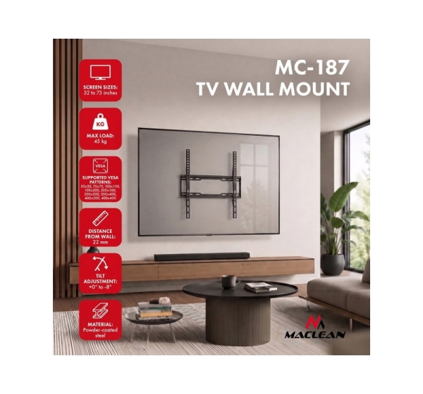 Maclean TV Mount / Bracket, max VESA 400x400, 32-75", up to 45 kg, black, tilt adjustment 0°–8°, MC-187