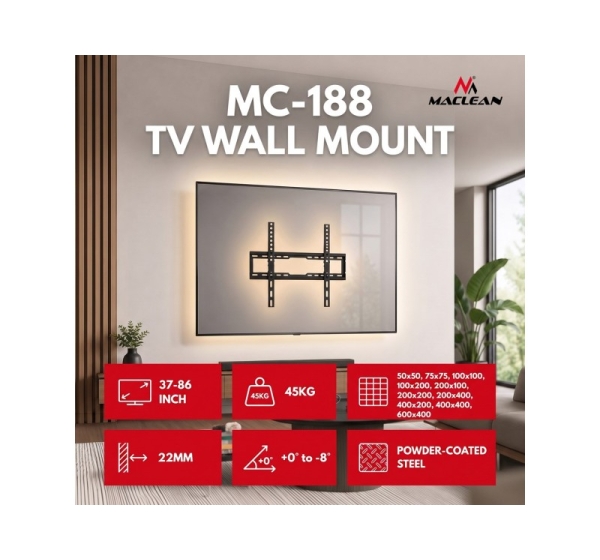Maclean TV Mount / Bracket, max VESA 600x400, 37-86", up to 45 kg, black, tilt adjustment 0°–8°, MC-188