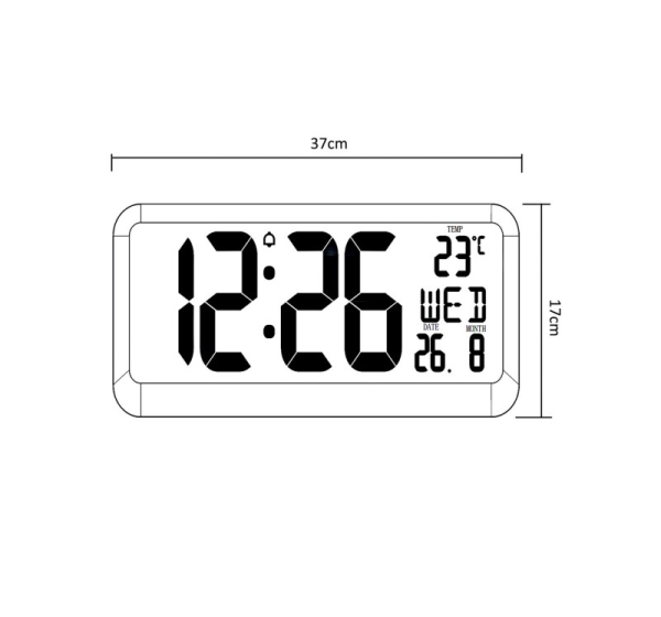 Large Digital Clock Wall Mount Free Standing with Temperature Sensor 37x17cm LCD Display Power Adapter & Battery Operated