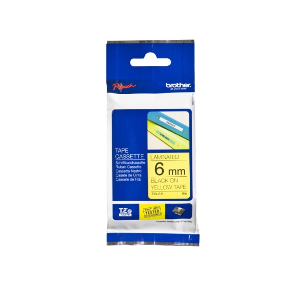 Brother TZe-611 Laminated Tape Black on Yellow TZe