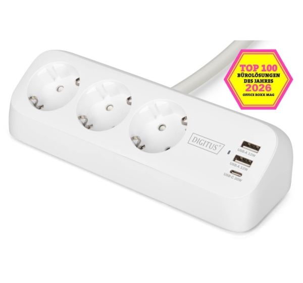 Digitus 3-way office socket strip with 2x USB-A and 1x USB-C connections, white