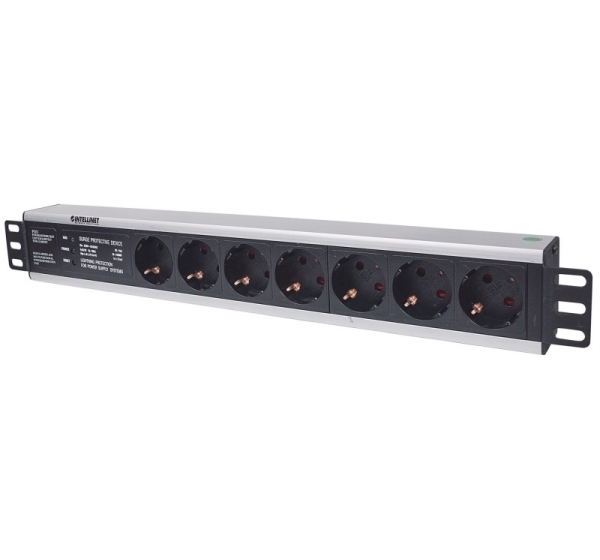 Intellinet 19" 1.5U Rackmount 7-Output Power Distribution Unit (PDU) EU CEE 7/3 Outlets, With Surge Protection, Built-in 3m Power Cord with EU CEE 7/4 Plug