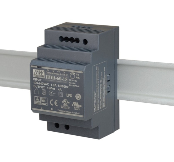 ZASILACZ IMPULSOWY NA SZYNĘ DIN MEAN WELL HDR-60-15 15V/60W/4A