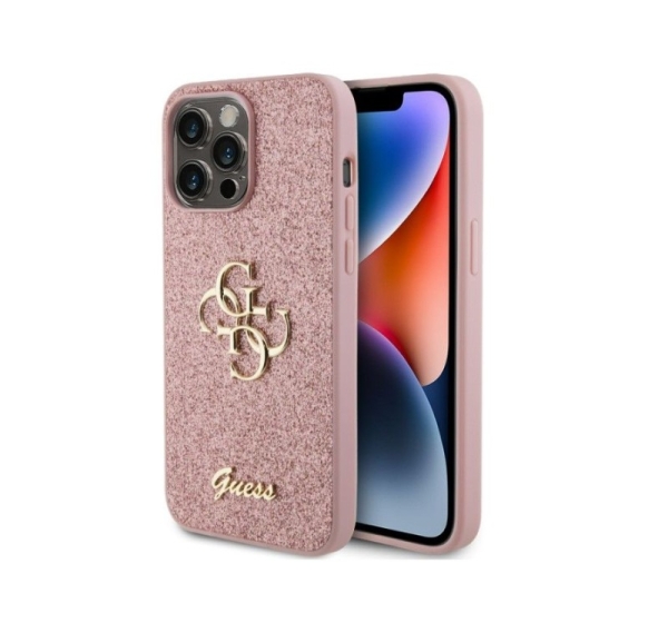 Guess Apple iPhone 15 Pro Max Fixed Glitter 4G Metal Logo Case Pink