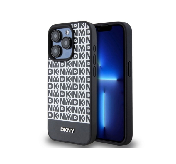 DKNY - DKNY PU Leather Repeat Pattern Bottom Stripe MagSafe Case for iPhone 14 Pro Max Black