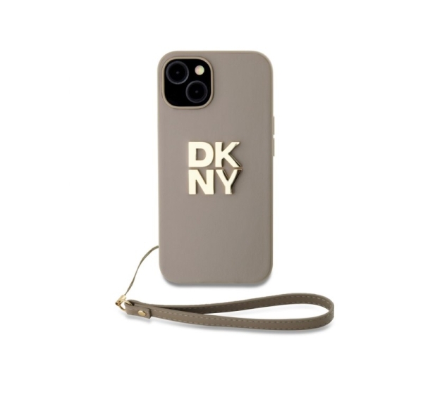 DKNY Apple DKNY PU Leather Stack Logo Wrist Strap Case for iPhone 13 Beige