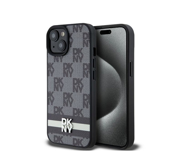 DKNY DKNY Leather Checkered Mono Pattern &amp; Printed Stripes Case for iPhone 15/14/13 - Black