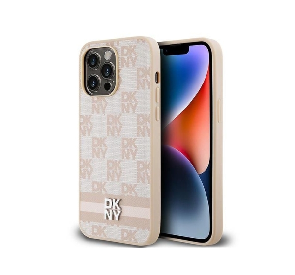 DKNY   DKNY Leather Checkered Mono Pattern &amp; Printed Stripes case for iPhone 14 Pro Max - pink