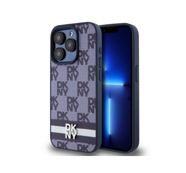 DKNY - DKNY PU Leather Checkered Pattern and Stripe Case for iPhone 15 Pro Blue