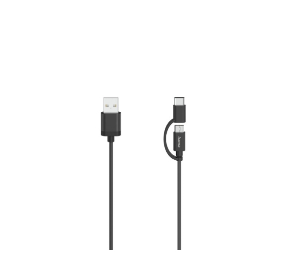 Hama 00200616 Micro-USB Cable, 2 in 1, incl. Adapter to USB-C, USB 2.0, 0.75 m