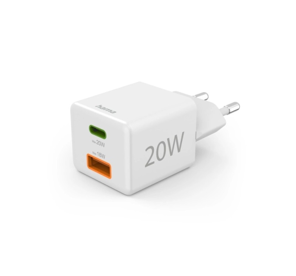 Hama 00201991 Fast Charger 1x USB-C 1x USB-A, Mini Charger, PD, 20W, White