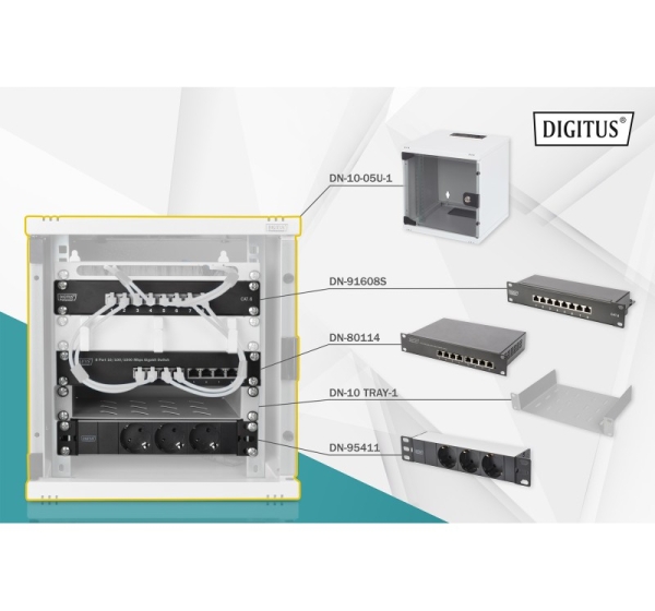 Digitus 10" Network Set, 6U cabinet, shelf, PDU, 8-port switch, CAT 6 patch panel, Grey | Digitus | Network Set | DN-10-SET-1